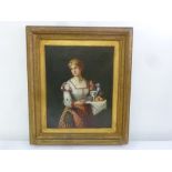 A framed oil on canvas of a lady serving wine and fruit, label to verso, 52.5 x 42cm