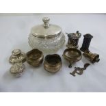 A quantity of silver and white metal to include condiments, a pill box, an inkwell and a cut glass