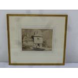 Samuel Prout framed and glazed sepia sketch of a country house, label to verso, 16 x 21.5cm