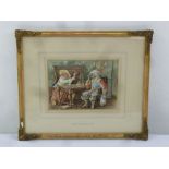 George Cruikshank framed and glazed watercolour Cavaliers Drinking, label to verso, signed bottom