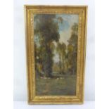 A framed oil on board Victorian landscape with sheep in the foreground, 51 x 26cm