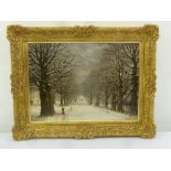 Herbert Moxon Cook framed oil on canvas of a winter landscape, gallery label to verso, monogrammed