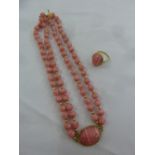 A Rhodochrosite necklace with 14ct gold clasp and beads and a matching ring