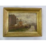 Late Victorian framed oil on canvas of an industrial riverside scene, 23.5 x 35cm