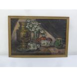 M Frank framed oil on canvas still life of a samovar and vase of flowers, signed bottom right, 49.