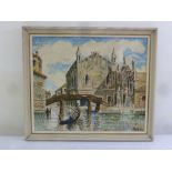 Framed oil on canvas of a Venetian canal scene, signed bottom right, 49.5 x 59.5cm