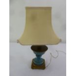 A Continental decorative ceramic table lamp on square ormolu plinth with silk shade
