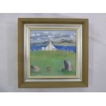 Frances Crichton Stuart framed oil on canvas of a cottage by a lake, Gallery label to verso dated