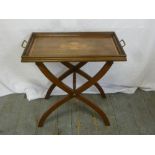 An Edwardian rectangular inlaid tea tray on X frame stand