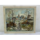 Gerard framed oil on canvas of a village scene, signed bottom, 49 x 59.5cm