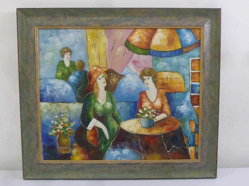 Barnes framed oil on canvas of ladies seated at a table, signed bottom right, 49.5 x 60cm