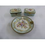 Atelier le Tallec two covered boxes light blue ground with painted flowers and gilding and a dish