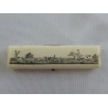 A Victorian ivory rectangular tooth pick holder, the hinged cover etched with a hunting scene