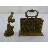A gilded metal figurine of a cockerel signed A. Gain and a 19th century brass letter rack