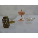 A 19th century French glass perfume bottle, a pink glass powder bowl and cover, a glass bowl and a