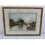 A framed and glazed watercolour of river scene with a barge, 34.5 x 52cm