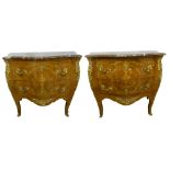 A pair of French late 19th century serpentine bombe fronted commodes with ormolu mounts, inlay
