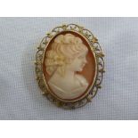 A carved cameo brooch of classical lady in profile within a 9ct gold frame