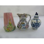 A Clarice Cliff trickle glaze and floral vase, a Masons iron stone milk jug and a Delft vase and
