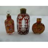 Three Continental polychromatic glass scent bottles