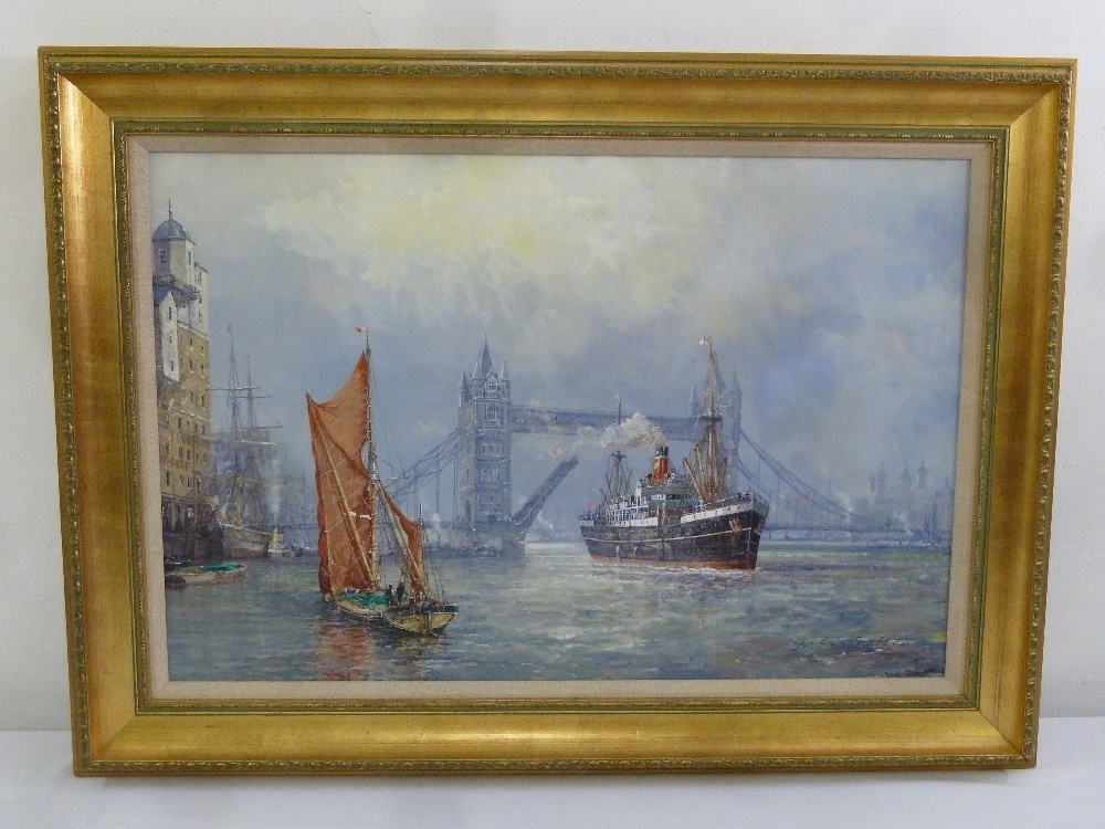 John Sutton 1935 framed oil on canvas of Tower Bridge, signed bottom right, gallery label to