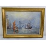 John Sutton 1935 framed oil on canvas of Tower Bridge, signed bottom right, gallery label to