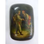 A Russian papier mache cigarette box rounded rectangular the hinged cover depicting a soldier and