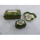 Atelier le Tallec green ground covered box, a trefoil shaped pin tray and a trinket box