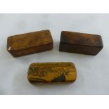 Two 19th century wooden rectangular snuff boxes the hinged covers depicting hunting scenes and a