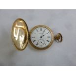 Waltham 14ct yellow gold pocket watch, enamel dial, Roman numerals and subsidiary seconds dial,