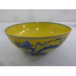 A Chinese Ming style yellow ground bowl with images of a dragon, marks to the base