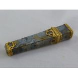 A late 18th century agate and silver gilt etui with hinged cover of tapering rectangular form