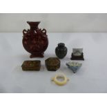 A quantity of Oriental collectables to include a moon flask, two papier mache boxes, a cloisonné