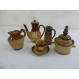 Doulton Lambethware tobacco jar, coffee pot, two jugs and a cup and saucers, all decorated with