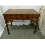 A Chinese late 19th century Northern Elm rectangular desk with three drawers on rectangular legs and
