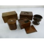 Two wooden tea caddies, two jewellery caskets and a circular wooden tobacco bowl