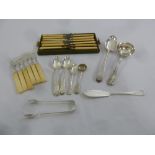 A quantity of silver flatware to include dessert eaters, spoons and a pair of sugar tongs (26)