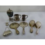 A quantity of silver and silver plate to include dressing table mirrors and brushes, a vesta case, a