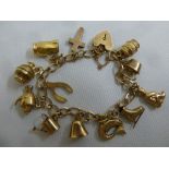 9ct yellow gold charm bracelet with twelve charms and a padlock clasp, approx weight 15.5g