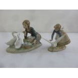 Two Lladro figurines of girls with geese on oval bases