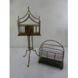 A brass and mahogany magazine rack on stand and another