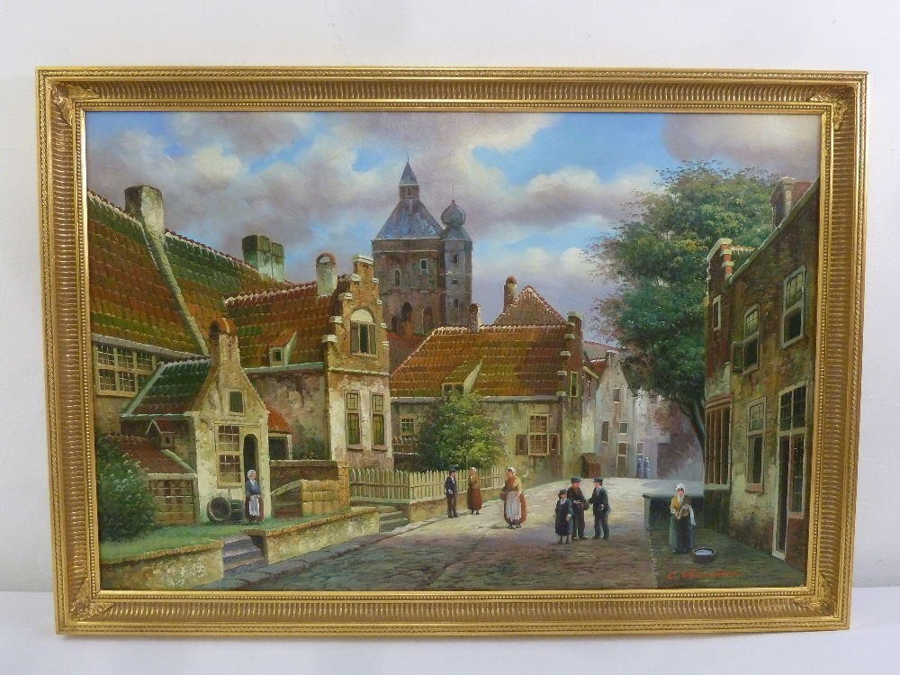 C. Van de Wart framed oil on canvas of a Dutch street scene with figures in the foreground, signed