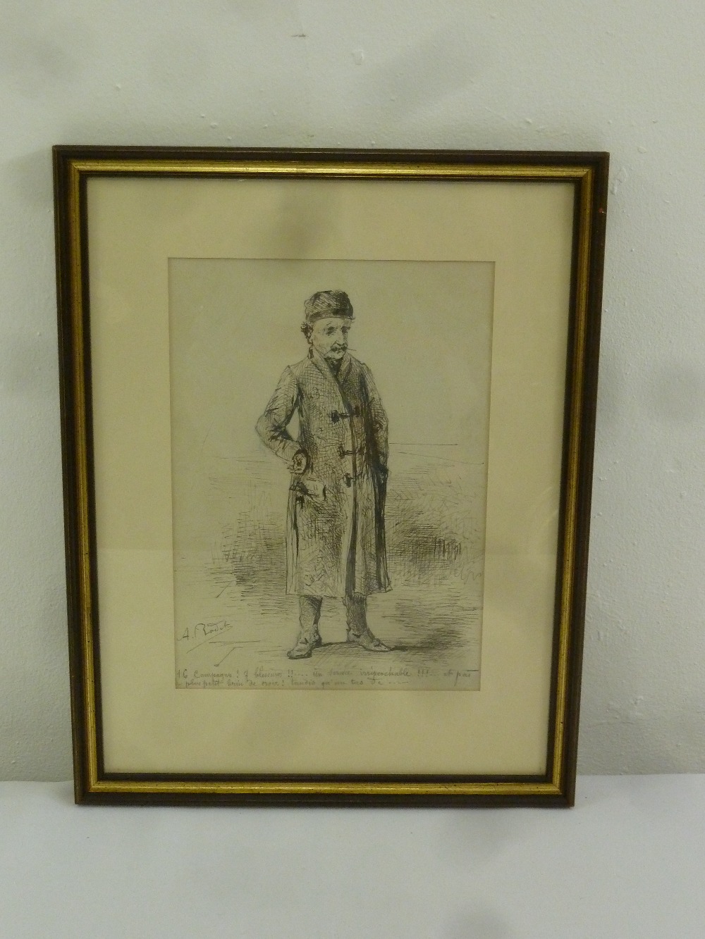 A. Rodet framed and glazed pen and ink drawing of a gentleman, signed bottom left, 27 x 19cm