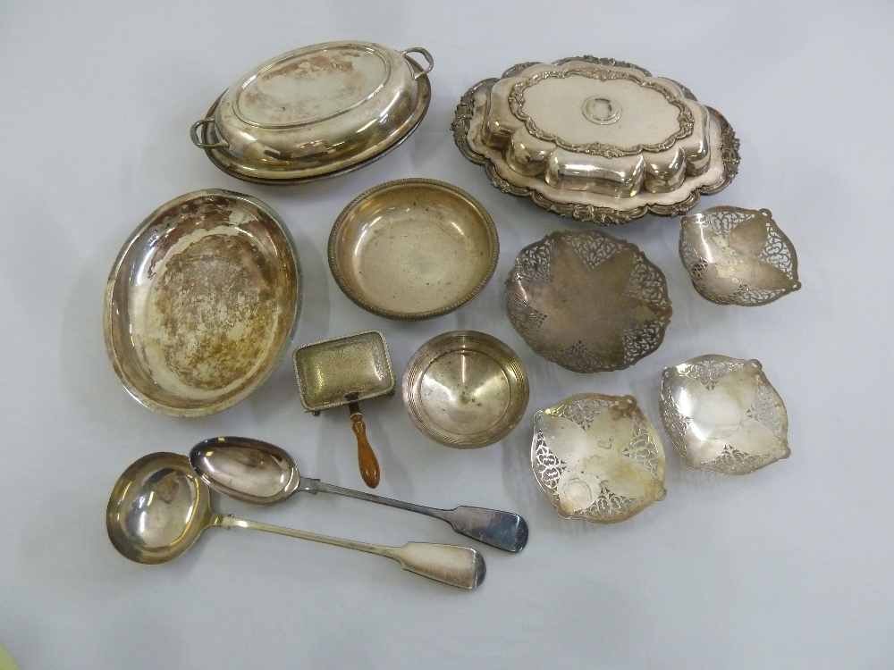 A quantity of silver plate to include entrée dish and cover, bonbon dishes and a ladle