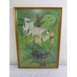 Muli Tang framed and glazed watercolour of a girl with sheep and chicken, signed bottom right, 70