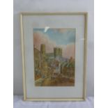 A framed and glazed watercolour of a Durham street scene with the cathedral, signed bottom right, 38