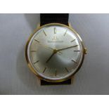 Jaeger le Coultre 9ct gentlemans wristwatch, enamel dial, on replacement leather strap