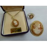 A 9ct gold cameo ring, a 9ct gold cameo pendant on a 9ct gold chain and a cameo brooch