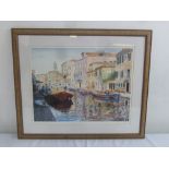 A framed and glazed polychromatic lithographic limited edition print titled Venetian Barge 210/