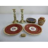 A quantity of porcelain to include a pair of candlesticks, plates, a ginger jar and horn snuff box